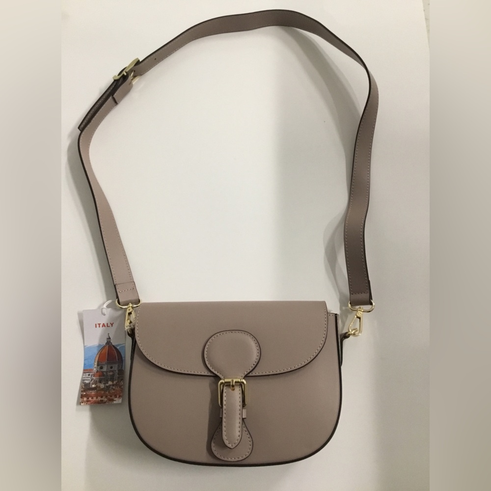 Taupe Crossbody Saddle Bag with Gold Hardware - Picture 5 of 12